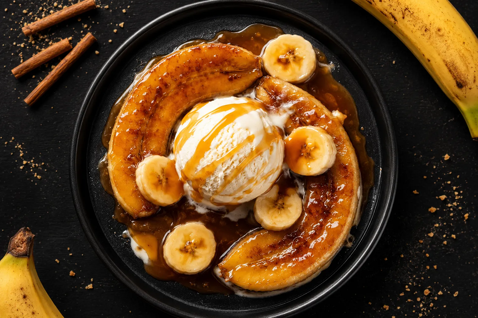 Bananas Foster — Caramelized bananas, rum sauce, vanilla ice cream — pure New Orleans magic