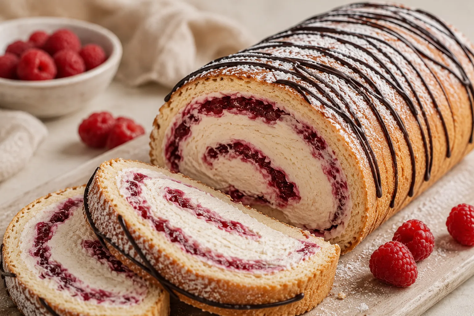 Biscuit Roll — Light sponge, raspberry jam and silky cream cheese filling — elegant and effortless