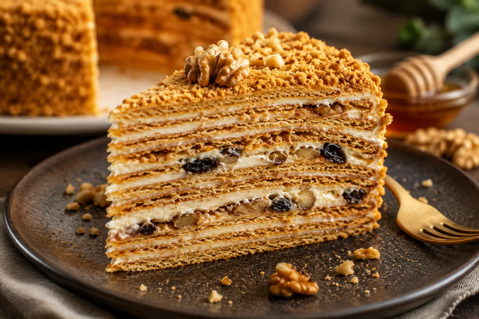 Honey Cake (Medovik) — Eight golden honey layers, silky cream, toasted nuts and prunes — an unforgettable classic