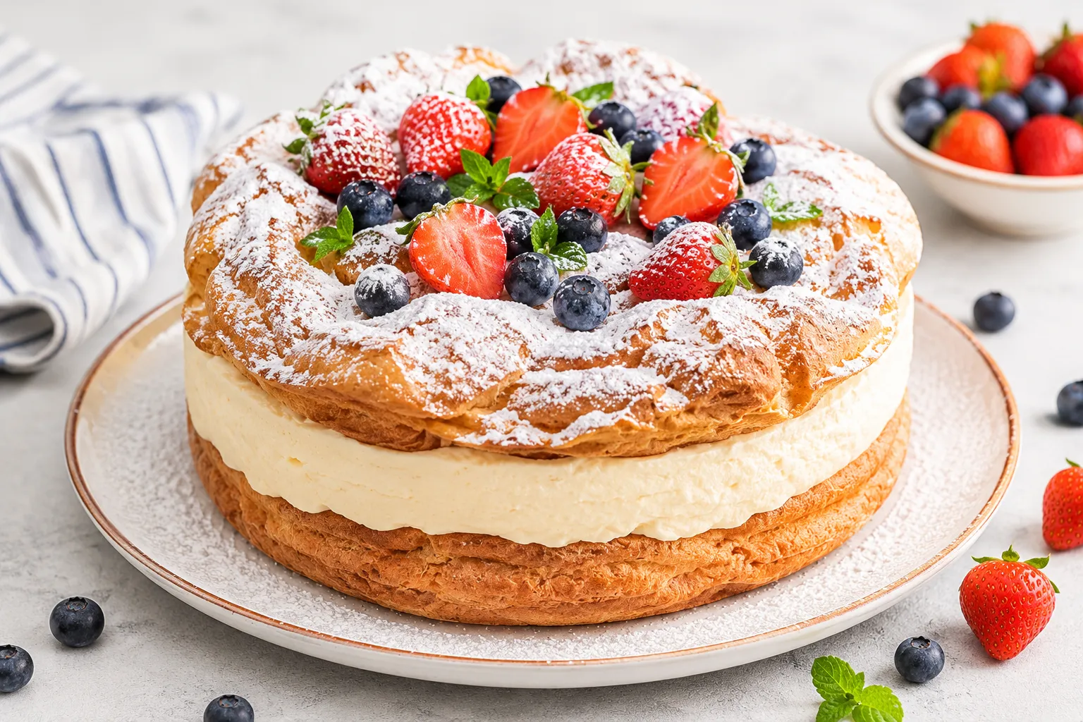 Karpatka Cake — Two golden choux layers, silky cream filling, powdered sugar snow — a Polish classic reimagined