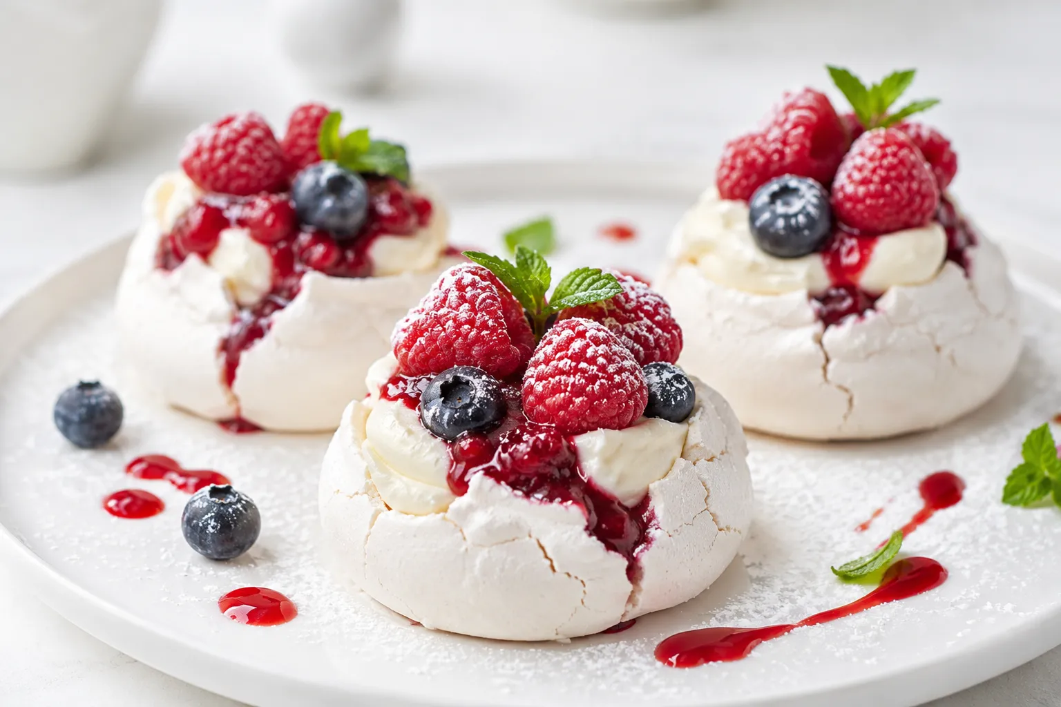 Mini Pavlova — Crisp meringue shells filled with berry jam and silky cream — elegant, light, irresistible