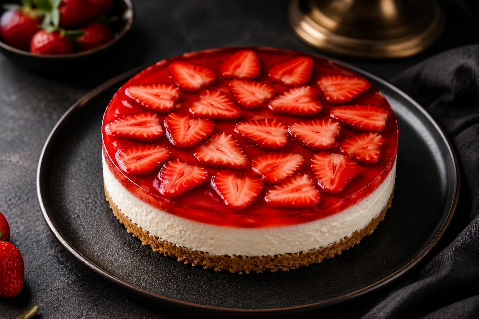 No-Bake Cheesecake with Strawberry Jelly — Silky cream filling, buttery biscuit base, glossy strawberry jelly — no oven, pure elegance