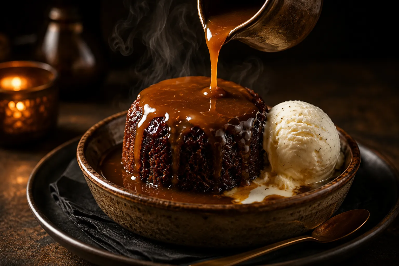 Sticky Toffee Pudding — Ultra-moist date sponge drenched in warm toffee sauce — pure British comfort
