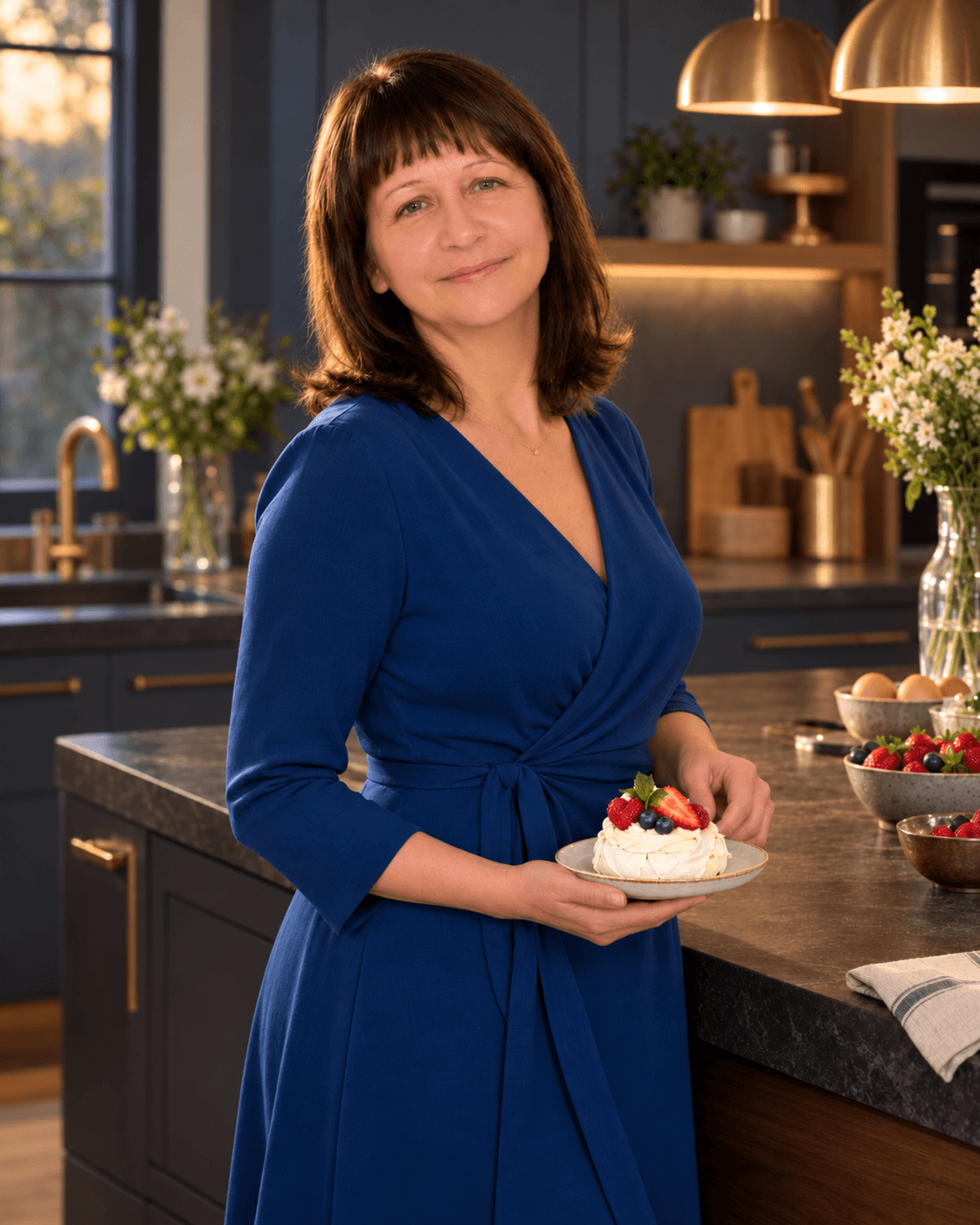 Yulia Panarina holding a mini Pavlova in the Sweet Recipe Studio kitchen